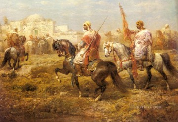 Adolf Schreyer Painting - Arab Cavalry Approaching An Oasis Arab Adolf Schreyer